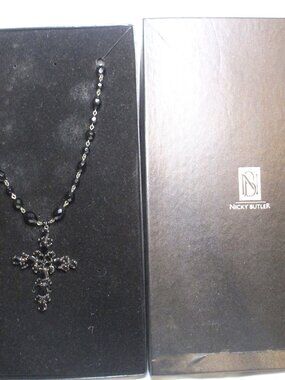 The Nicky Butler Jet Black Double Stranded Crystal Cross Necklace, Religion